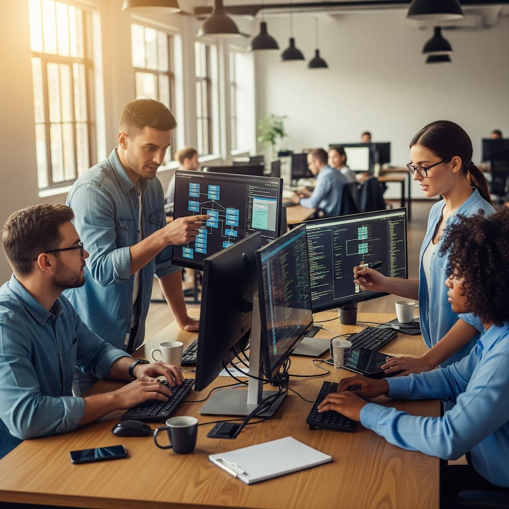 Database administrator team collaborating in a modern office.