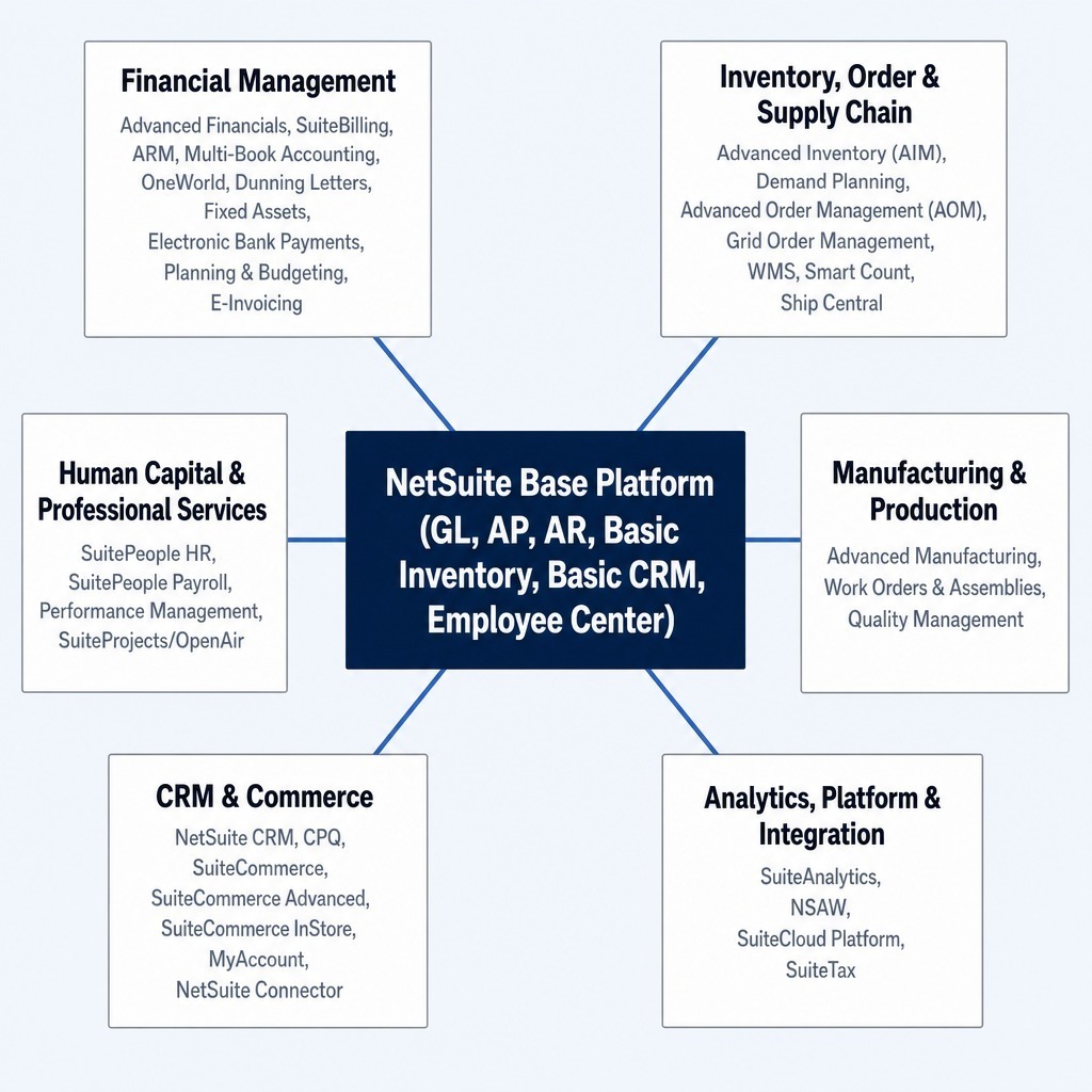 All NetSuite ERP modules mapped by functional category around the base platform.